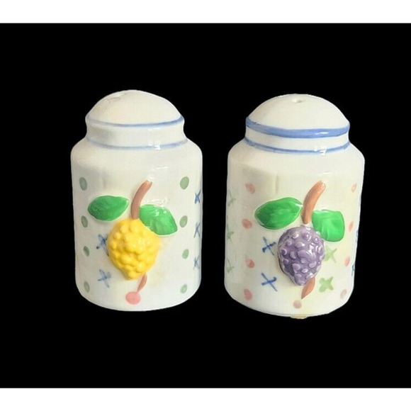White Ceramic With Grapes & Colorful Dots Vintage Salt And Pepper Shakers - Picture 1 of 6